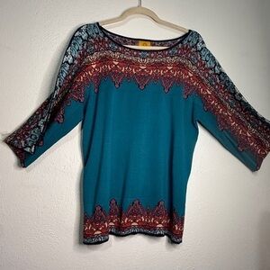 Ruby Rd. Folklorica Boho Knit Sweater, three-quarter sleeves. Sz M.